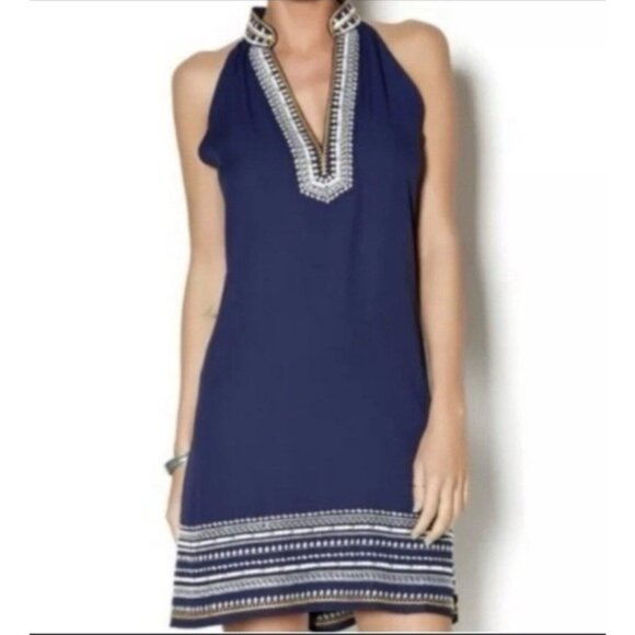 THML Dress Navy Blue S Small A Line Embroidered V Neck Sleeveless Summer - Picture 8 of 8